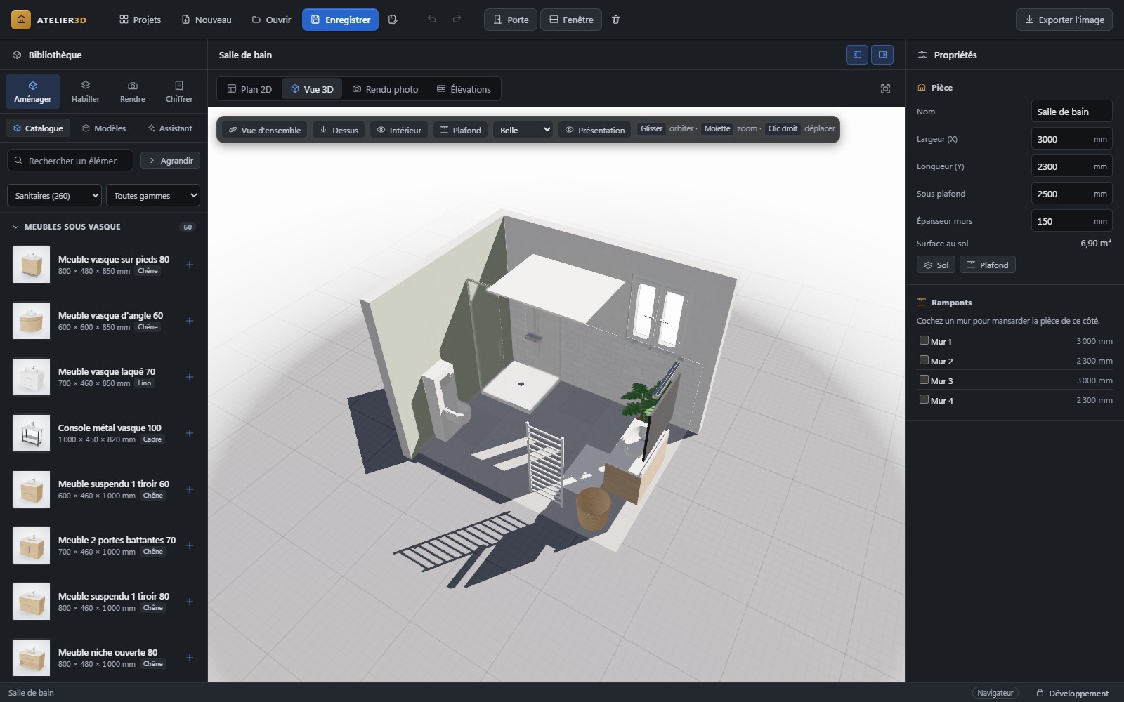 Projet de salle de bains dans l’interface 3D-Renov