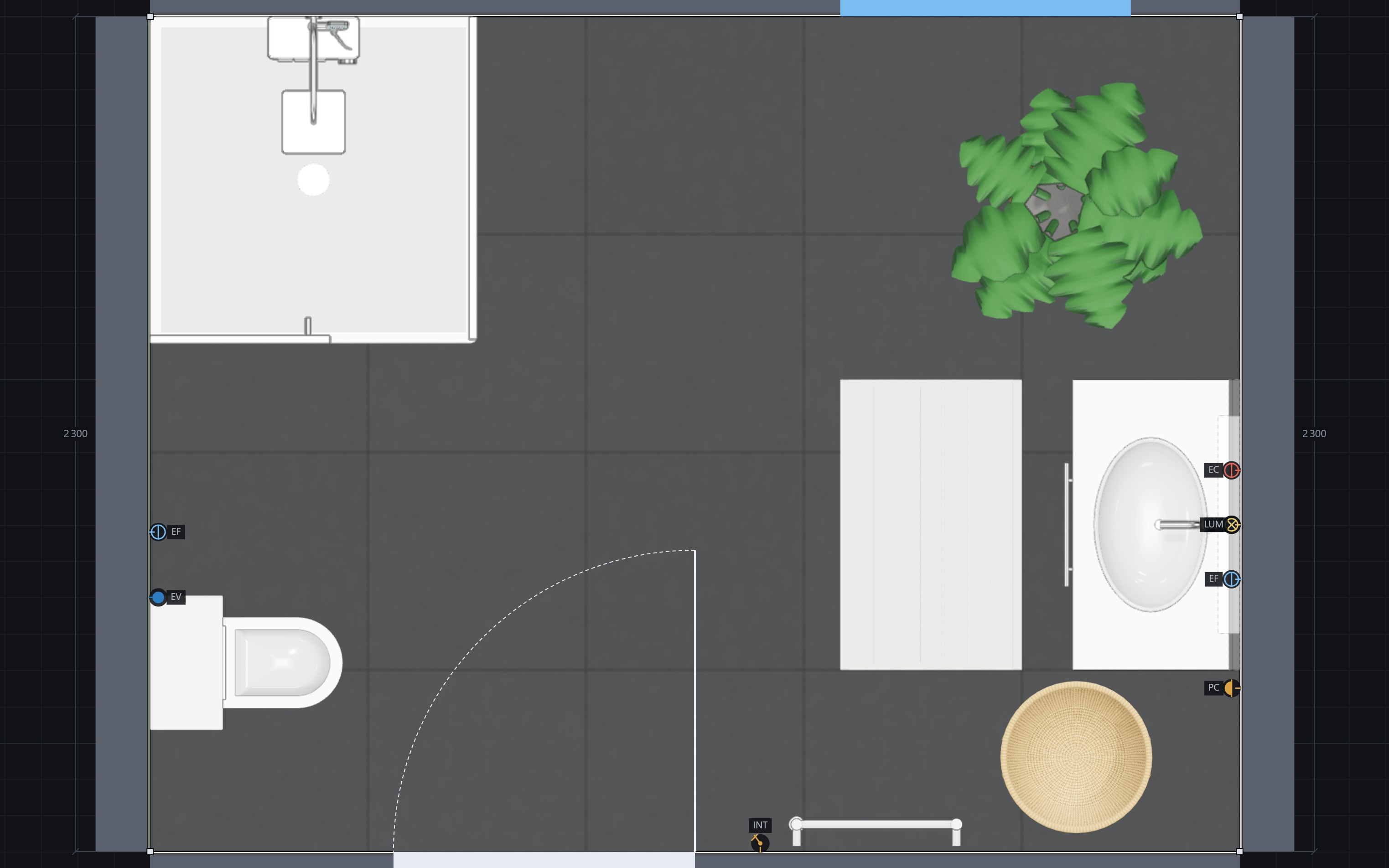 Plan 2D coté d’une salle de bains dans 3D Rénov : douche, WC suspendu, meuble vasque, points techniques
