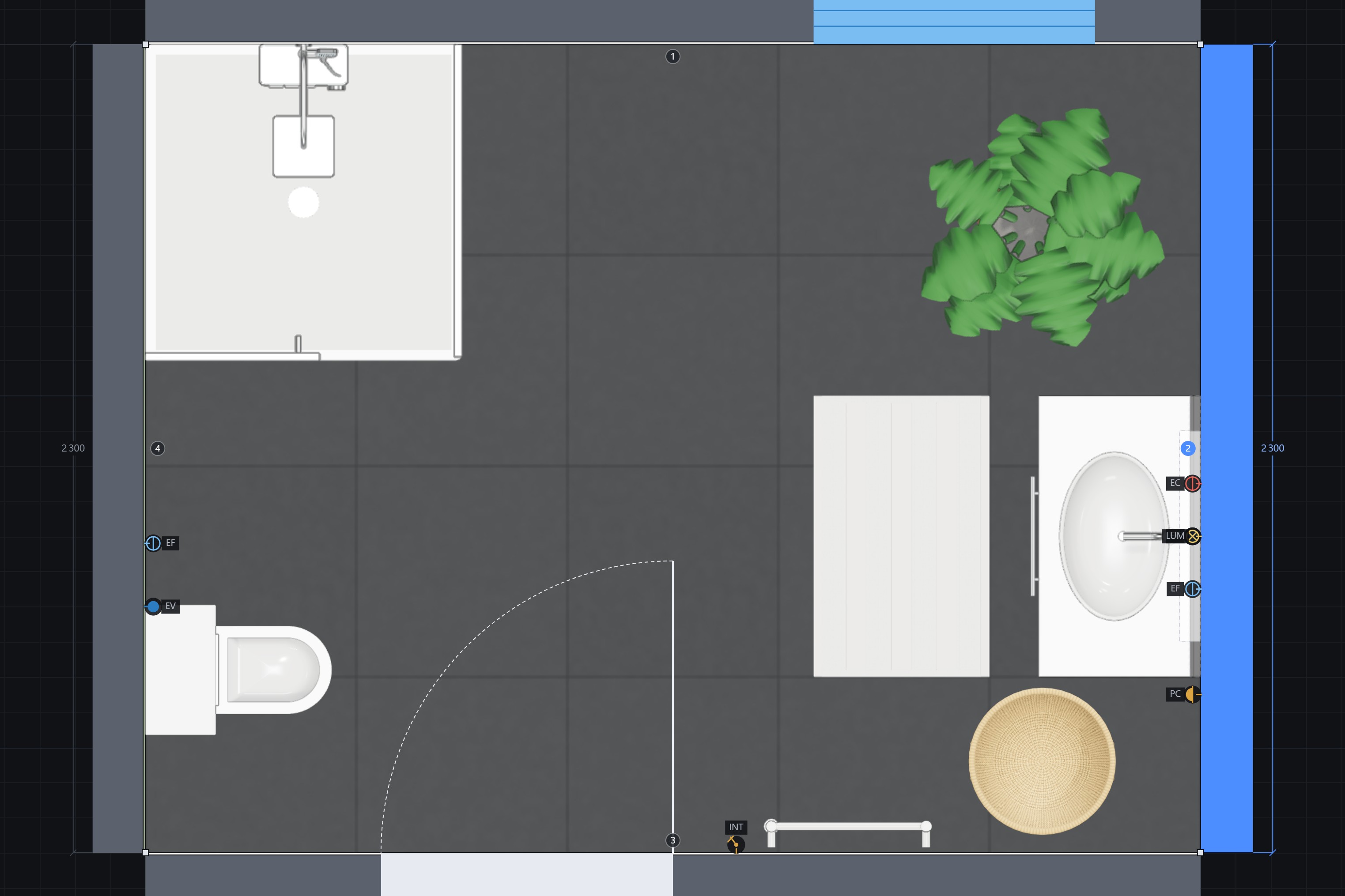 Plan 2D avec le mur 2 sélectionné et ses cotes